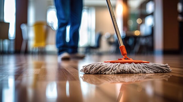 Mopping hardwood floors in a living room
