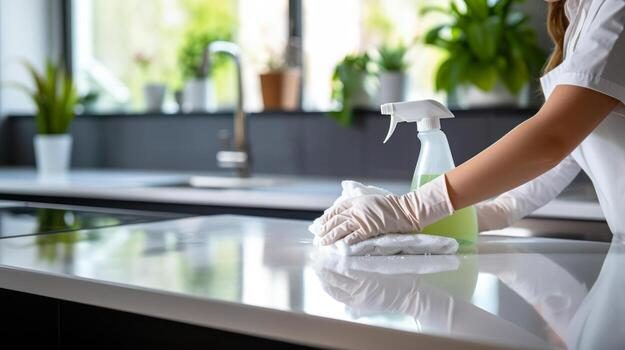Cleaner wiping down a kitchen countertop